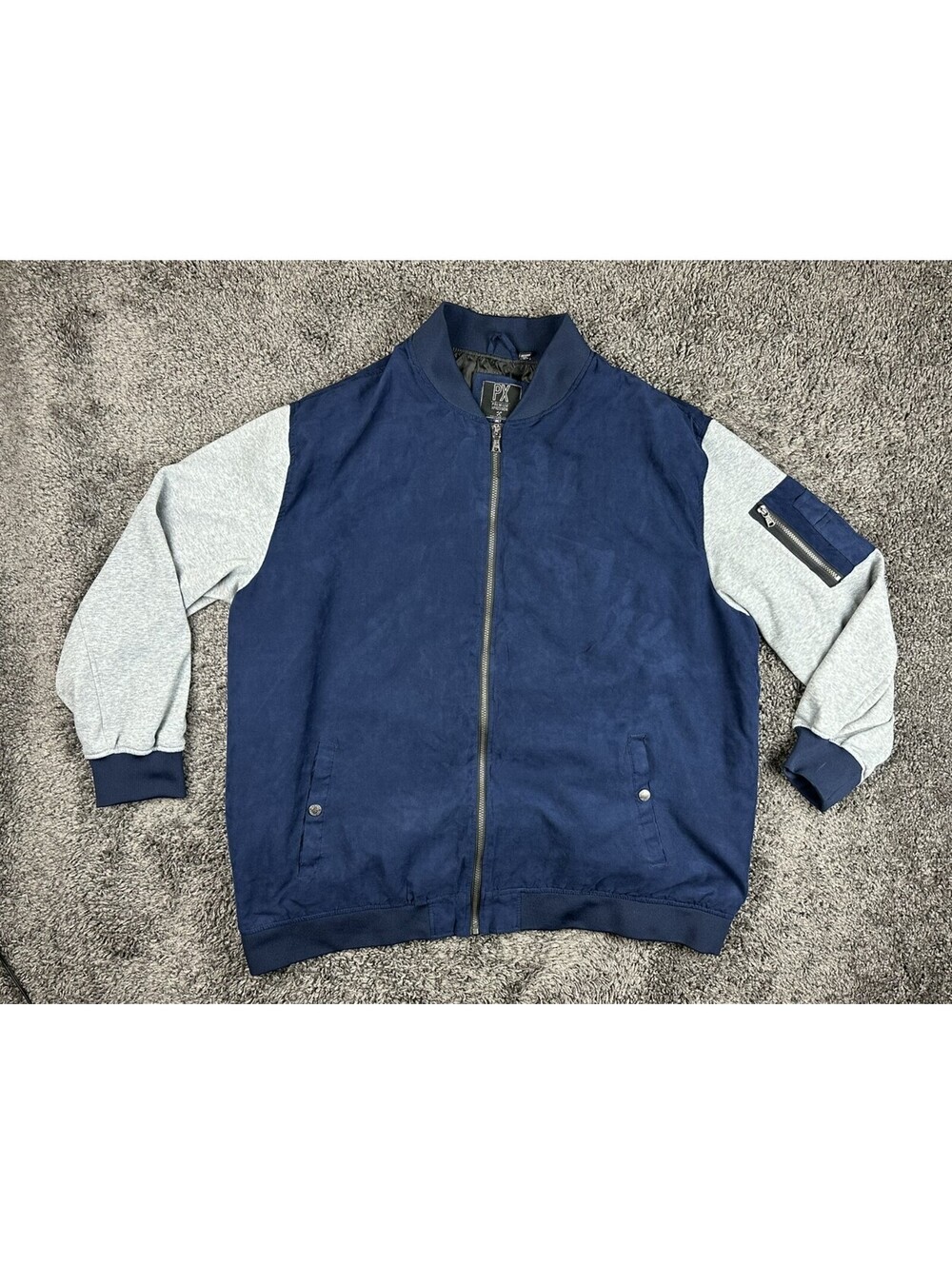 PX Clothing Mens 3XLT Blue Bomber Jacket Suede Feel Grey Sleeves Flight Jacket